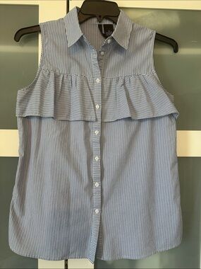 new directions Blue & White Striped Sleeveless Ruffle Button-Up Blouse